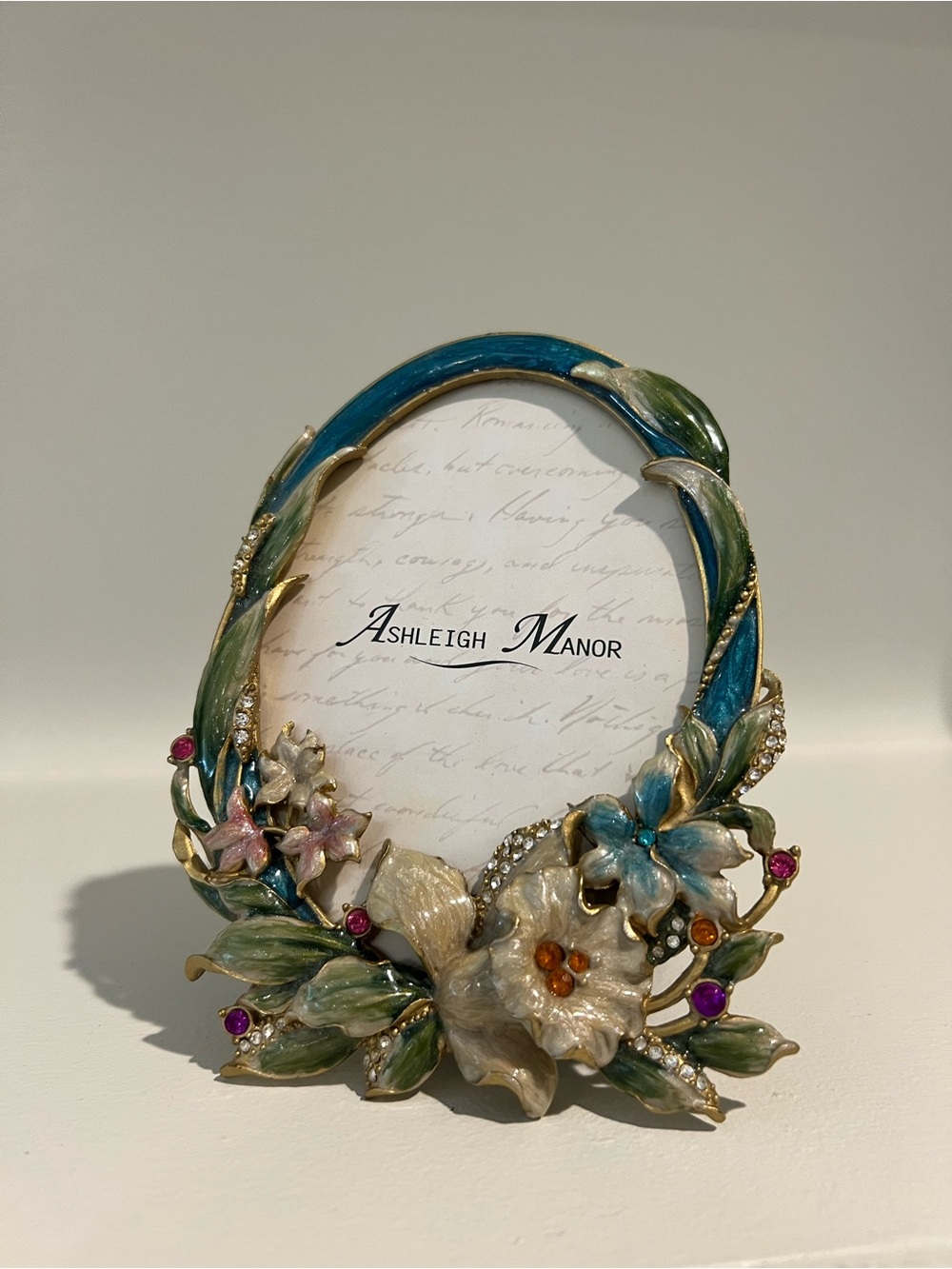 Vintage Enameled Floral Picture Frame With Crystals Art Nouveau Oval 5.5"